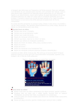 A lavagem das mãos deve ser frequente e de forma correcta. Deve ser realizada
num lavatório de uso exclusivo para esse fim, com comando não manual. Junto a
este deverá estar disponível um sabonete líquido bactericida (ou um sabonete
líquido e um desinfectante), assim como toalhas de papel descartáveis (O uso de
secadores eléctricos de mãos em áreas onde se preparam alimentos deve ser
evitado). O lavatório deverá ser provido de água quente e fria. Cada funcionário
deverá possuir a sua escova de unhas para que as possa lavar de forma
conveniente.
As unhas deverão apresentar-se sempre curtas, limpas e sem verniz e é proibido o
uso de unhas postiças. São também desaconselháveis as unhas roídas, devendo-se
alertar os manipuladores para esse facto.
 Quando lavar as mãos:
• Sempre que iniciar o trabalho;
• Sempre que se apresentarem sujas;
• Sempre que mudar de tarefa;
• Depois de manipular alimentos crus;
• Sempre que tossir, espirrar ou mexer no nariz;
• Sempre que utilizar as instalações sanitárias;
• Depois de mexer no cabelo, olhos, boca, ouvidos e nariz;
• Depois de comer;
• Depois de fumar;
• Depois de manipular e/ou transportar lixo;
• Depois de manipular produtos químicos (limpeza e desinfecção).
Lavamos as mãos várias vezes ao dia. Mas será que as lavamos bem? A figura
seguinte mostra as zonas que ficam frequentemente mal lavadas, quando a sua
lavagem não é feita de modo adequado.

                 Figura 1 – Áreas das mãos que podem ficar mal lavadas




 Como lavar as mãos:
• Molhar muito bem as mãos e antebraços com água corrente, quente e potável;
• Ensaboar bem as mãos com o sabão líquido, lavando bem os espaços
   interdigitais, as palmas das mãos, os polegares e os antebraços;
• Lavar as unhas com escova própria (que deverá ser mantida limpa e seca entre
   as utilizações);
• Passar por água corrente, quente e potável para remover todo o sabão;
 