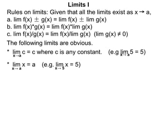 The following limits are obvious.
* lim c = c where c is any constant.
x→a
* lim x = a
(e.g lim 5 = 5)
(e.g. lim x = 5)
Li...