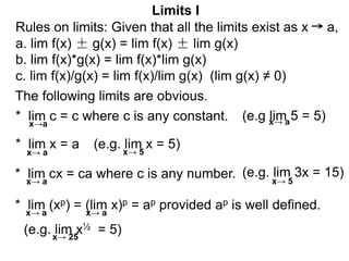 * lim (xp) = (lim x)p = ap provided ap is well defined.
The following limits are obvious.
* lim c = c where c is any const...