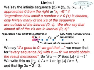 We say the infinite sequence {xi} = {x1, x2, x3, ..}
approaches 0 from the right or “xi →0+” if
“regardless how small a number ϵ > 0 (+) is chosen,
only finitely many of the x’s of the sequence
are outside of the interval (0, ϵ). We also say that
almost all of the x’s are in interval (0, ϵ)”.
We say “if x goes to 0+ we get that …” we mean that
for “every sequence {xi} with xi → 0+ we would obtain
the result mentioned”. So “if x → 0+ then |x| / x →1”
We write this as lim |x| / x = 1 or lim |x| / x = 1,
0+
0 x’s
ϵ
only finite number of x’s
are outside
regardless how small this interval is
Limits I
x→0+
almost all x’s are inside here
and that lim 3x + 2 = 2.
0+
1,1/2,1/3,1/4,..
 