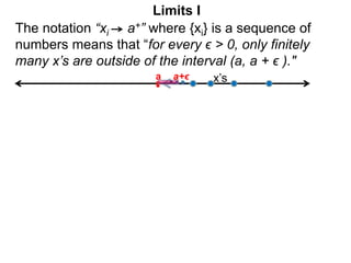 The notation “xi a+” where {xi} is a sequence of
numbers means that “for every ϵ > 0, only finitely
many x’s are outside of the interval (a, a + ϵ )."
a x’s
a+ϵ
Limits I
 