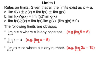 The following limits are obvious.
* lim c = c where c is any constant.
x→a
* lim x = a
* lim cx = ca where c is any number.
(e.g lim 5 = 5)
(e.g. lim x = 5)
(e.g. lim 3x = 15)
Limits I
x→ a
x→ a
x→ a
x→ 5
x→ 5
Rules on limits: Given that all the limits exist as x a,
a. lim f(x) ± g(x) = lim f(x) ± lim g(x)
b. lim f(x)*g(x) = lim f(x)*lim g(x)
c. lim f(x)/g(x) = lim f(x)/lim g(x) (lim g(x) ≠ 0)
 