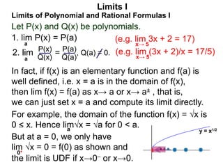 Let P(x) and Q(x) be polynomials.
1. lim P(x) = P(a)
a
Limits of Polynomial and Rational Formulas I
2. lim =
P(x)
Q(x)
P(a)
Q(a)
, Q(a) = 0.
For example, the domain of the function f(x) = √x is
0 < x. Hence lim√x = √a for 0 < a.
– a
But at a = 0, we only have
lim √x = 0 = f(0) as shown and
the limit is UDF if x→0– or x→0.
y = x1/2
0+
Limits I
a
(e.g. lim 3x + 2 = 17)
x→ 5
(e.g. lim (3x + 2)/x = 17/5)
x→ 5
In fact, if f(x) is an elementary function and f(a) is
well defined, i.e. x = a is in the domain of f(x),
then lim f(x) = f(a) as x→ a or x→ a± , that is,
we can just set x = a and compute its limit directly.
 