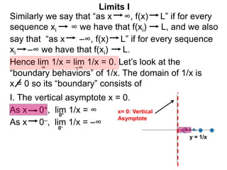 Similarly we say that “as x ∞, f(x) L” if for every
sequence xi ∞ we have that f(xi) L, and we also
lim 1/x = lim 1/x = 0. Let’s look at the
∞
Limits I
Hence
say that “as x –∞, f(x) L” if for every sequence
xi –∞ we have that f(xi) L.
–∞
As x 0–, lim 1/x = –∞
0+
0–
As x 0+, lim 1/x = ∞
“boundary behaviors” of 1/x. The domain of 1/x is
x = 0 so its “boundary” consists of
I. The vertical asymptote x = 0.
y = 1/x
x= 0: Vertical
Asymptote
 