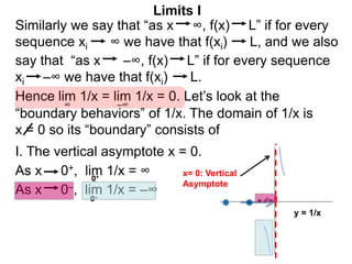 Similarly we say that “as x ∞, f(x) L” if for every
sequence xi ∞ we have that f(xi) L, and we also
lim 1/x = lim 1/x = 0. Let’s look at the
∞
Limits I
Hence
say that “as x –∞, f(x) L” if for every sequence
xi –∞ we have that f(xi) L.
–∞
As x 0–, lim 1/x = –∞
0+
0–
As x 0+, lim 1/x = ∞
“boundary behaviors” of 1/x. The domain of 1/x is
x = 0 so its “boundary” consists of
I. The vertical asymptote x = 0.
y = 1/x
x= 0: Vertical
Asymptote
 