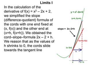 Limits I
In the calculation of the
derivative of f(x) = x2 – 2x + 2,
we simplified the slope
(difference-quotient) formula of
the cords with one end fixed at
(x, f(x)) and the other end at
(x+h, f(x+h)). We obtained the
cord–slope–formula 2x – 2 + h.
We reason that as the values of
h shrinks to 0, the cords slide
towards the tangent line
(x+h, f(x+h)
(x, f(x))
x x + h
f(x+h)–f(x)
h
y = x2–2x+2
slope = 2x–2+h
 