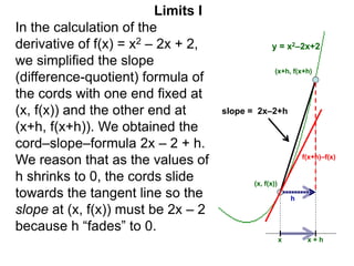 Limits I
In the calculation of the
derivative of f(x) = x2 – 2x + 2,
we simplified the slope
(difference-quotient) formula of
the cords with one end fixed at
(x, f(x)) and the other end at
(x+h, f(x+h)). We obtained the
cord–slope–formula 2x – 2 + h.
We reason that as the values of
h shrinks to 0, the cords slide
towards the tangent line so the
slope at (x, f(x)) must be 2x – 2
because h “fades” to 0.
(x+h, f(x+h)
(x, f(x))
x x + h
f(x+h)–f(x)
h
y = x2–2x+2
slope = 2x–2+h
 