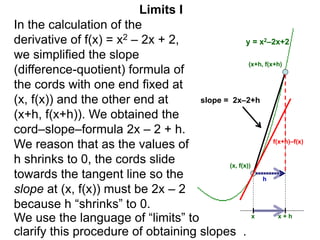 Limits I
In the calculation of the
derivative of f(x) = x2 – 2x + 2,
we simplified the slope
(difference-quotient) formula of
the cords with one end fixed at
(x, f(x)) and the other end at
(x+h, f(x+h)). We obtained the
cord–slope–formula 2x – 2 + h.
We reason that as the values of
h shrinks to 0, the cords slide
towards the tangent line so the
slope at (x, f(x)) must be 2x – 2
because h “shrinks” to 0.
(x+h, f(x+h)
(x, f(x))
x x + h
f(x+h)–f(x)
h
y = x2–2x+2
slope = 2x–2+h
clarify this procedure of obtaining slopes .
We use the language of “limits” to
 