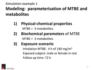 Simulation example 1
Modeling: parameterisation of MTBE and
metabolites
    1) Physical-chemical properties
          MTBE + 3 metabolites
    2) Biochemical parameters of MTBE
          MTBE + 3 metabolites
    3) Exposure scenario
          Inhalation MTBE: 4 h of 140 mg/m3
          Exposed subject: male or female in rest
          Follow up time: 72 h

                                                    10
 