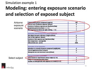 Simulation example 1
Modeling: entering exposure scenario
and selection of exposed subject
      Airborne
      exposure
      scenario




 Select subject


                                   12
 