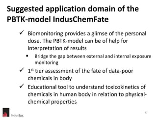 Suggested application domain of the
PBTK-model IndusChemFate
    Biomonitoring provides a glimse of the personal
      dose. The PBTK-model can be of help for
      interpretation of results
        Bridge the gap between external and internal exposure
         monitoring
    1st tier assessment of the fate of data-poor
     chemicals in body
    Educational tool to understand toxicokinetics of
     chemicals in human body in relation to physical-
     chemical properties
                                                          17
 