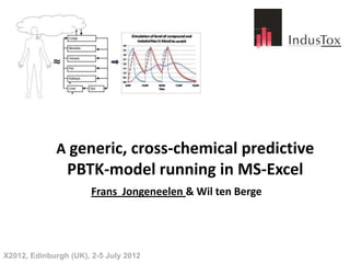 A generic, cross-chemical predictive
                PBTK-model running in MS-Excel
                       Frans Jongeneelen & Wil ten Berge




X2012, Edinburgh (UK), 2-5 July 2012
 
