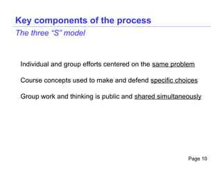 Key components of the process
The three “S” model


 Individual and group efforts centered on the same problem

 Course concepts used to make and defend specific choices

 Group work and thinking is public and shared simultaneously




                                                       Page 10
 