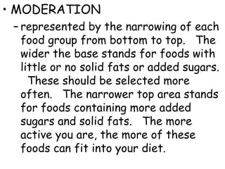 • MODERATION
– represented by the narrowing of each
food group from bottom to top. The
wider the base stands for foods with
little or no solid fats or added sugars.
These should be selected more
often. The narrower top area stands
for foods containing more added
sugars and solid fats. The more
active you are, the more of these
foods can fit into your diet.
 