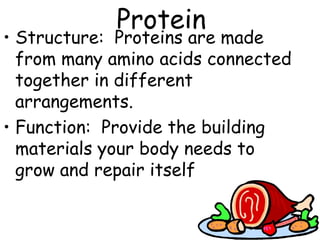 Protein
• Structure: Proteins are made
from many amino acids connected
together in different
arrangements.
• Function: Provide the building
materials your body needs to
grow and repair itself
 