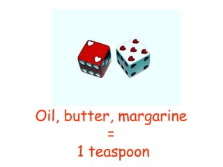 Oil, butter, margarine
=
1 teaspoon
 