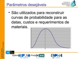 Parâmetros desejáveis São utilizados para reconstruir curvas de probabilidade para as datas, custos e requerimentos de materiais. Optimistic Pessimistic Most Probable 