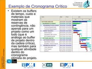 Exemplo de Cronograma Crítico Existem os buffers de tempo, custo e materiais que mostram as reservas de contingência, não apenas para um projeto como um todo (que é análogo ao buffer de projeto dentro da cadeia crítica), mas também para qualquer atividade dentro do cronograma otimista do projeto. 