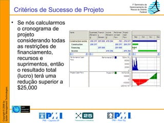 Se nós calcularmos o cronograma de projeto considerando todas as restrições de financiamento, recursos e suprimentos, então o resultado total (lucro) terá uma redução superior a $25,000 Critérios de Sucesso de Projeto 