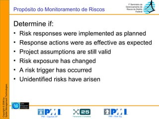 Determine if: Risk responses were implemented as planned Response actions were as effective as expected Project assumptions are still valid Risk exposure has changed A risk trigger has occurred Unidentified risks have arisen Propósito do Monitoramento de Riscos 