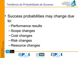 Success probabilities may change due to: Performance results Scope changes Cost changes Risk changes Resource changes Tendência de Probabilidade de Sucesso 