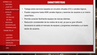 CARACTERÍSTICASNORMA X.25
- HISTORIA
- ¿QUÉ ES?
- CARACTERÍSTICAS
- NIVELES
FÍSICO
DE ENLACE
DE RED
- VENTAJAS
- DESVENTAJAS
- TERMINOLOGÍA
- HISTORIA
- ¿QUÉ ES?
- CARACTERÍSTICAS
- VENTAJAS
- DESVENTAJAS
- USO
FRAME RELAY
• Trabaja sobre servicios basados en circuitos virtuales (CV) o canales lógicos.
• Pueden asignarse hasta 4095 canales lógicos y sesiones de usuarios a un mismo
canal físico.
• Permite conectar fácilmente equipos de marcas distintas.
• Reducción considerable de los costos de la red, ya que su gran difusión
favorecería la salida al mercado de equipos y programas orientados a un basto
sector de usuarios.
 