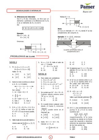 Exigimos más!
DESIGUALDADES E INTERVALOS
PAMER CATÓLICAREGULAR 2015-II TEMA 23
3. Diferencia de intervalos
Sea A y B dos intervalos, se dice que un
elemento x pertenece a la diferencia de A y B,
si es un elemento de A y no de B.
Así:
 A B x R / x A x B     
Ejemplo:
Sea: A = [–5 ; 3[
B = ]–2 ; 4]
Entonces:
NIVEL I
1. Si:  A x / 2 x 7   
 B x / 3 x 10   
Hallar: A – B.
A.   2;3 C.   2;7
B. 2;7   D.   2;3
2. Sobre la recta numérica se ubican
a, b, 0, c y d (reales)
Son ciertas:
1. (a + b)(a – b) > 0
2.
a c
. 0
b d

3. (b – a)(d – c) > 0
A. Solo 1 C. Solo 3
B. Solo 2 D. 1 y 3
3. Si A  [–3; –2]; B  [–3; 2] y
C  [2; 3]. Hallar el valor de:
A2
+ B2
+ C2
si es el menor posible.
A. 4 C. 12
B. 0 D. 8
4. Halle el valor de la suma del máximo y
mínimo valor de x 3
x – 2
 si x  [3; 7]
A. 9 C. 8
B. 10 D. –10
5. Si x  ]–3; 5]. Halla el valor de
a.b = ?. Cuando
x2
– 2x + 5  [a; b]
A. 4 C. 80
B. 20 D. 60
NIVEL II
6. Para reales son verdaderas:
1. Si 2
a 0 a 0  
2. Si a b ac bc  
3. Si 1 1
0 a b 0 b a 
    
A. 1 C. 1 y 2
B. 3 D. 1 y 3
7. Se cumple que 2x2
– 4x + M = 0.
Cuántos valores enteros toma
"M" si x  ]–2; 4[.
A. 17 C. 19
B. 18 D. 20
8. Si n puede tomar cualquier valor
desde –5 hasta 5, entonces
8n 5
5
 
 
 
+
puede variar en el
intervalo de:
A. 5;3  – C. 3;5  –
B. 7;9  – D. 3;5  –
9. Dado: –8 < n – 10 < –6.
Calcular: a – b , si:
+
1
a (3n 4) b
2
 
A. –3 C. 3
B. –2 D. 2
10. Si sabemos que: 5 < x < 15 y que
además: 15 – a < 3x – b < 15 + a
Hallar a . b
A. 0 C. 150
B. 15 D. 225
11. Si "p" es un número entre 3 y 6
y "q" es un número entre 15 y
60. Luego "q/p" está entre:
A. 2,5 y 20 C. 5 y 10
B. 2 y 10 D. 3 y 10
12. Si –10 < a < –5
–2 < b < –1
2 < c < 5
hallar a qué intervalo pertenece ab
c
.
A.  –10;1 C.  1;10
B.  –1;10 D.  2;10
13. Si 0 < x, las coordenadas de tres
puntos P, Q y R en la recta
numérica son:
– – –x 2 x 1 x 4
; ;
4 2 5
respectivamente. Si la recta
numérica se orienta en la forma
usual (de izquierda a derecha)
entonces las posiciones relativas
de los tres puntos es:
A. PQR C. PRQ
B. QRP D. RPQ
Nótese B – A:
Nota:
Si A es un intervalo: A' = R – A, donde A' se lee
complemento del conjunto A.
Ejemplo: Si A ]2;5] , entonces:
A ' ] – ;2 ] ]5; [    
2 5
La parte sombreada indica el
complemento de A
+_
8
8
problemas de clase
 