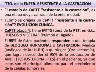 TTO. de la ENFER. RESISTENTE A LA CASTRACION
• El estadío de CaPTT “resistente a la castración”, es
una etapa muy avanzada de la enfermedad.
• ¿Cómo se origina un CaPTT “resistente a la castra-
ción”? EVOLUCION CLINICA.
- CaPTT etapa 4, tiene MTTS fuera de la PTT, en G.L.,
HUESOS o VISCERAS (Pulmón o Hígado).
- El 95% de éstos pacientes responden a una terapia
de BLOQUEO HORMONAL o CASTRACION, Médica
(análogos de la LH-RH) o quirúrgica (Orquiectomía),
que logran descender el 95% de la producción de
ANDR (TESTOSTERONA –TES) en el paciente, ya que
estos son el principal alimento para el crecimiento
de la células tumorales.
 