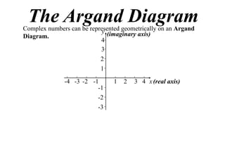 The Argand Diagram

Complex numbers can be represented geometrically on an Argand
y (imaginary axis)
Diagram.
4
3
2
1
-4 -3 -2 -1
-1
-2
-3

1

2

3 4 x (real axis)

 