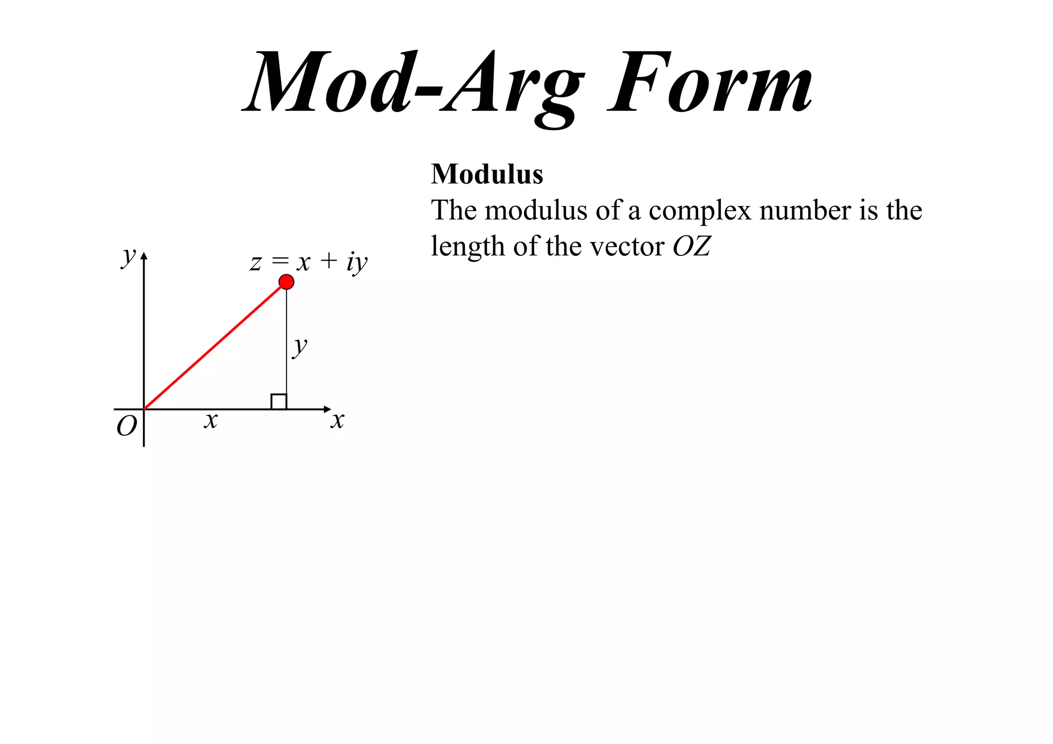 Mod-Arg Form
y

z = x + iy
y

O

x

x

Modulus
The modulus of a complex number is the
length of the vector OZ

 