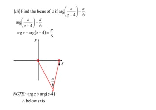  z 
iii  Find the locus of z if arg

 z  4 6
 z 
arg

 z  4 6

arg z  arg z  4  
6
y

4x


6
NOTE: arg z  arg z-4 
 below axis

 