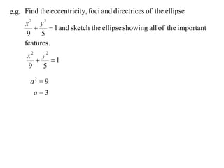 e.g. Find the eccentricity, foci and directrices of the ellipse
     x2 y2
             1 and sketch the ellipse showing all of the important
      9 5
     features.
      x2 y2
           1
      9 5

       a2  9
        a3
 