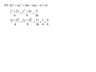 (ii) 9 x 2  4 y 2  18 x  16 y  11  0
     x 2  2 x y 2  4 y 11
                       
         4         9      36
      x  12  y  22 11 1 4
                         
          4        9      36 4 9
 
