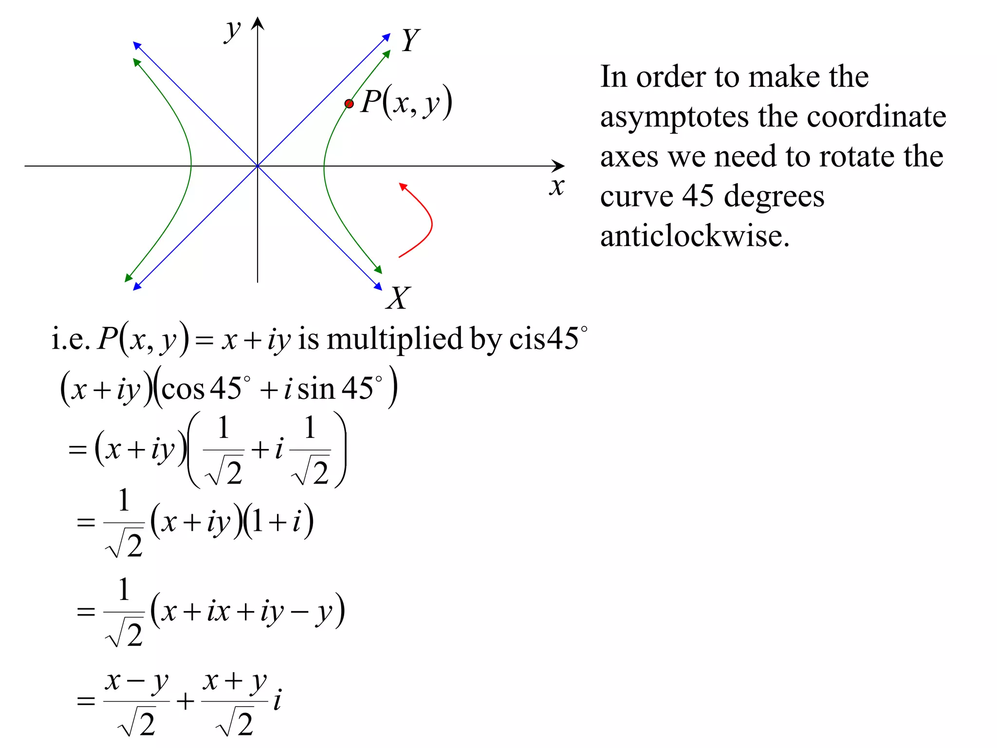 y               Y
                                                   In order to make the
                           P  x, y               asymptotes the coordinate
                                                   axes we need to rotate the
                                            x      curve 45 degrees
                                                   anticlockwise.
                                X
i.e. P x, y   x  iy is multiplied by cis 45
  x  iy cos 45  i sin 45 
    x  iy 
                  1        1 
                     i      
                2           2
       1
           x  iy 1  i 
        2
       1
           x  ix  iy  y 
        2
      x y x y
                      i
         2          2
 