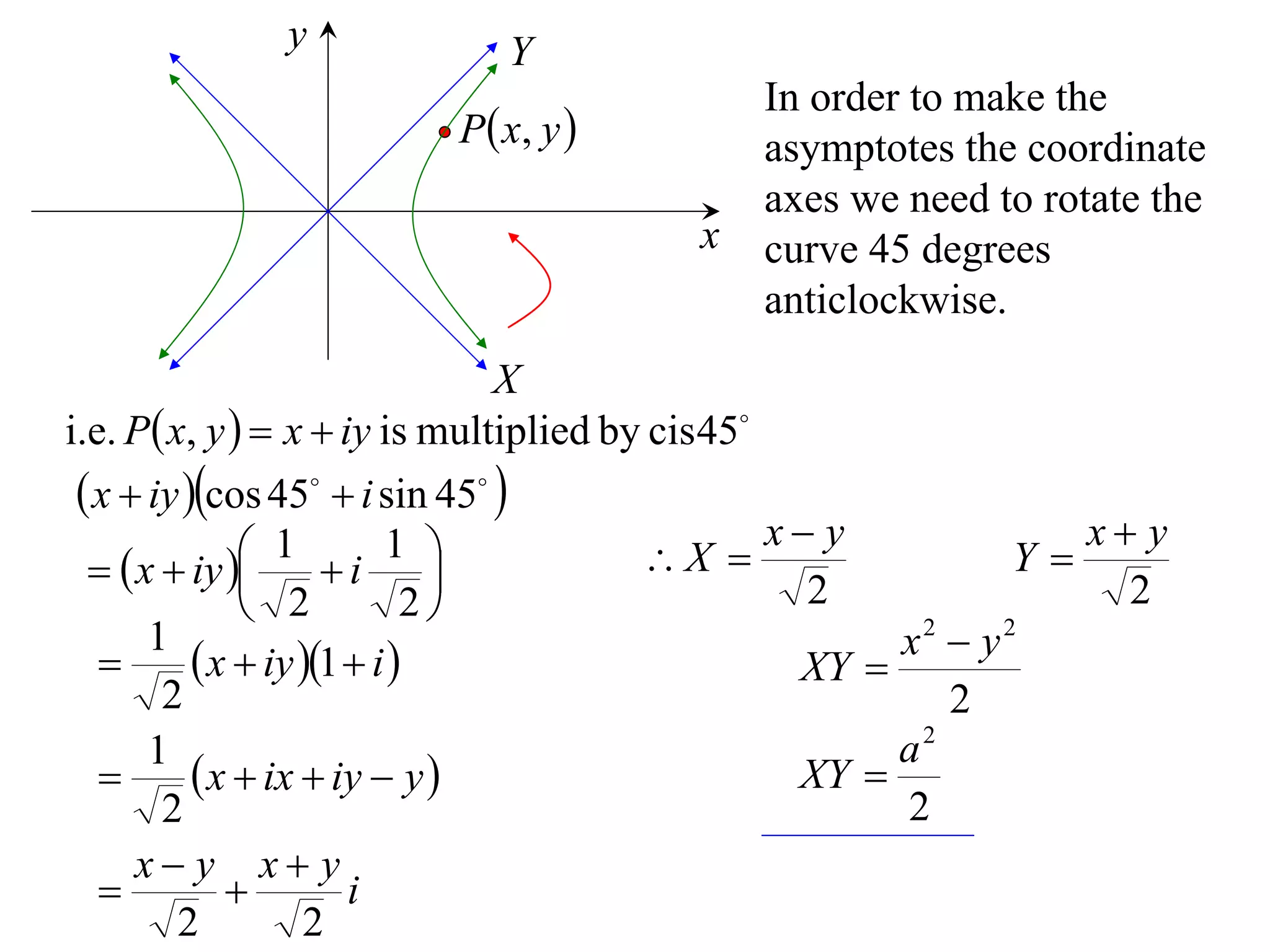 y              Y
                                           In order to make the
                        P  x, y          asymptotes the coordinate
                                           axes we need to rotate the
                                       x   curve 45 degrees
                                           anticlockwise.
                                X
i.e. P x, y   x  iy is multiplied by cis 45
  x  iy cos 45  i sin 45 
                1 i 1                         x y            x y
    x  iy                         X                   Y
                2           2                    2               2
       1                                               x2  y2
           x  iy 1  i                      XY 
        2                                                 2
       1                                               a2
           x  ix  iy  y                     XY 
        2                                              2
      x y x y
                      i
         2          2
 