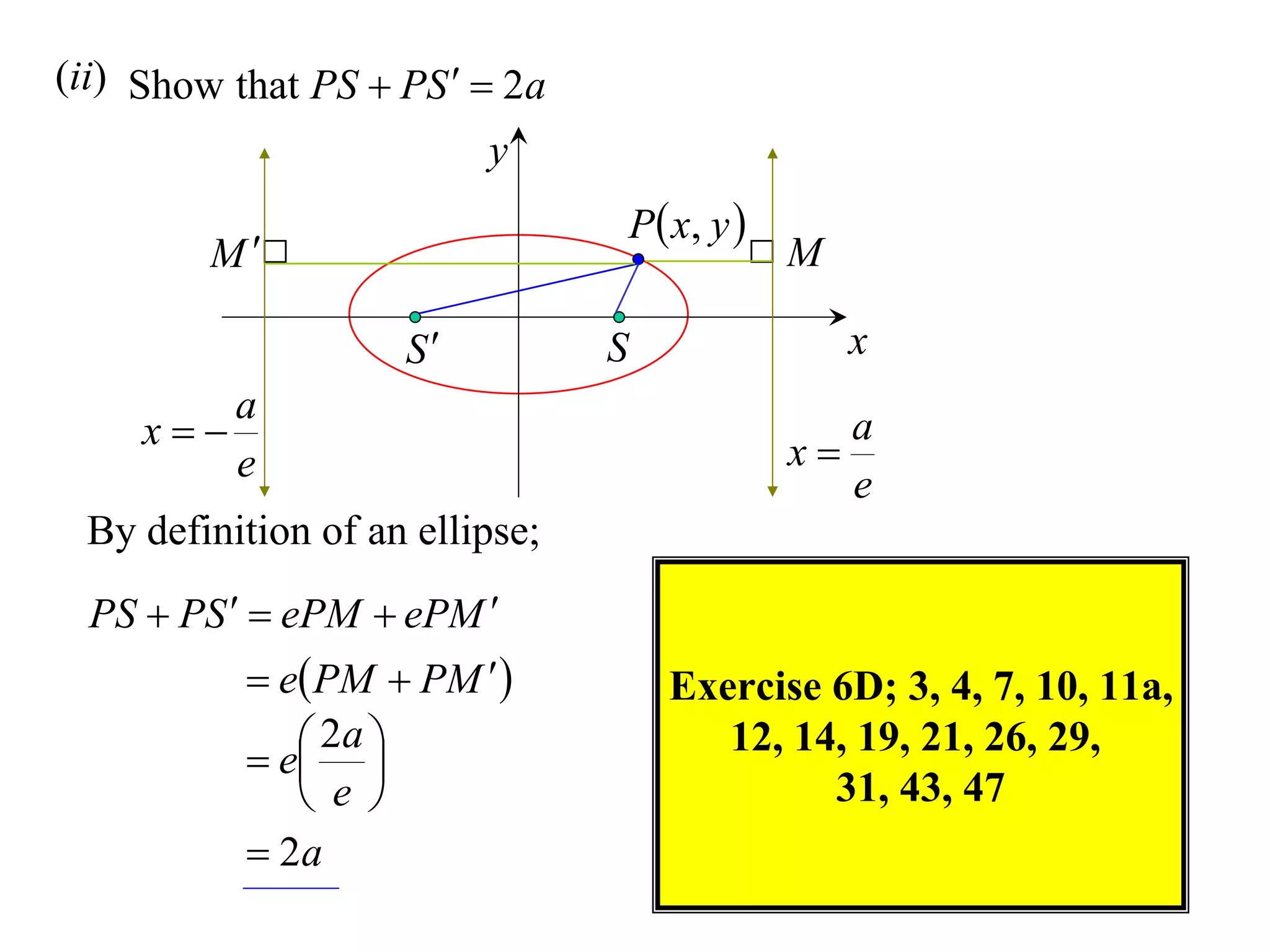 (ii) Show that PS  PS   2a
                         y
                                    P  x, y 
         M                                      M

                    S          S                     x
           a
     x                                         x
                                                      a
           e                                          e
 By definition of an ellipse;
 PS  PS   ePM  ePM 
            e PM  PM              Exercise 6D; 3, 4, 7, 10, 11a,
               2a 
            e 
                                          12, 14, 19, 21, 26, 29,
               e                              31, 43, 47
            2a
 