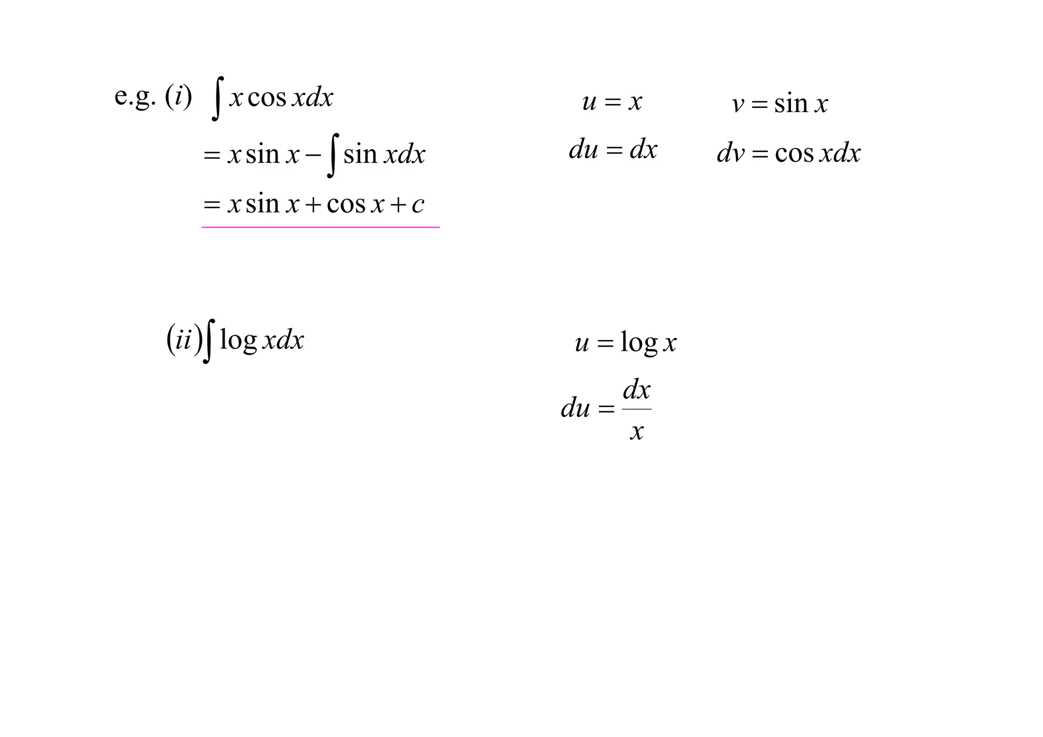 e.g. (i)    x cos xdx              ux          v  sin x
            x sin x   sin xdx   du  dx      dv  cos xdx
            x sin x  cos x  c



     ii  log xdx                 u  log x
                                        dx
                                   du 
                                         x
 