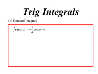 Trig Integrals
(1) Standard Integrals

                  1
    sin axdx   a cos ax  c
 