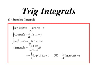 Trig Integrals
(1) Standard Integrals

                   1
    sin axdx   a cos ax  c
                 1
    cos axdx  a sin ax  c
                  1
    sec 2 axdx  tan ax  c
                  a
                   sin ax
     tan axdx   cos ax dx
                    1                    1
                 log cos ax  c   OR     log sec ax  c
                    a                    a
 