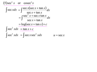 5 sec n x or cosecn x
               sec xsec x  tan x 
   sec xdx 
                    sec x  tan x
                                       dx
                 sec 2 x  sec x tan x
                                     dx
                    sec x  tan x
              logsec x  tan x   c
   sec 2 xdx  tan x  c

   sec3 xdx   sec x sec 2 xdx            u  sec x
 
