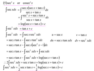 5 sec n x or cosecn x
               sec xsec x  tan x 
   sec xdx  
                    sec x  tan x
                                       dx
                 sec 2 x  sec x tan x
                                     dx
                    sec x  tan x
              logsec x  tan x   c
   sec 2 xdx  tan x  c

   sec3 xdx   sec x sec 2 xdx             u  sec x          v  tan x
   sec x tan x   sec x tan 2 xdx         du  sec x tan xdx dv  sec 2 xdx
   sec x tan x   sec xsec 2 x  1dx

   sec x tan x   sec3 xdx   sec xdx

    sec x tan x   sec3 xdx  logsec x  tan x 
 2  sec3 xdx  sec x tan x  logsec x  tan x   c
             1               1
 sec3 xdx  sec x tan x  logsec x  tan x   c
              2              2
 