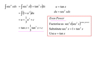  sec 4 xdx   sec 2 x1  tan 2 x dx         u  tan x

               1  u du
                       2                      du  sec 2 xdx
                   1 3                    Even Power
             u u c
                                          Factorise as sec xsec x 
                   3                                        2      2   some power

                      1 3
              tan x  tan x  c          Substitute sec 2 x  1  tan 2 x
                      3
                                          Use u  tan x
 