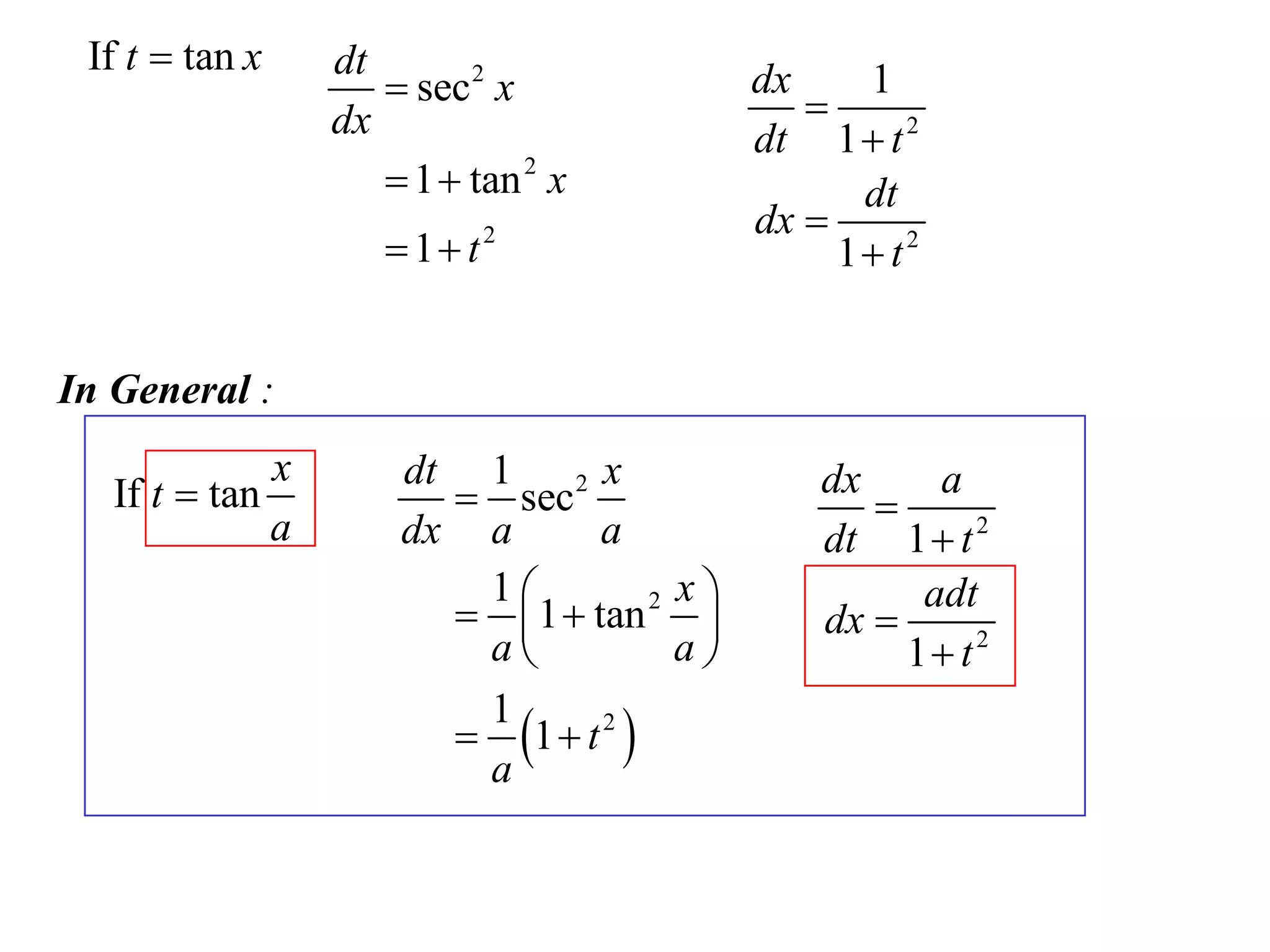 If t  tan x       dt
                        sec 2 x            dx
                                               
                                                  1
                    dx                      dt 1  t 2
                        1  tan 2 x              dt
                                            dx 
                        1 t2                   1 t2


In General :
                x       dt 1 2 x                dx     a
   If t  tan              sec                    
                a       dx a      a             dt 1  t 2
                           1          x             adt
                           1  tan 2         dx 
                           a          a            1 t2
                           1  t 2 
                           1
                           a
 