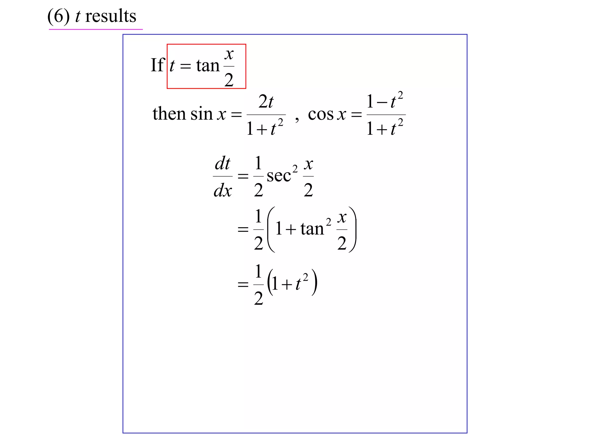 (6) t results
                           x
                If t  tan
                           2
                              2t              1 t2
                then sin x         , cos x 
                             1 t 2
                                              1 t 2
                         dt 1 2 x
                            sec
                         dx 2       2
                            1          2 x
                            1  tan 
                            2            2

                            1  t 2 
                            1
                            2
 