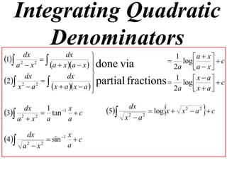 Integrating Quadratic
       Denominators
1 2 dx 2      dx                                1     a  x   c
                                                     log 
    a x    a  x a  x   done via
                                                     2a    a  x 
                                
                                 partial fractions  1 log  x  a   c
      dx            dx
2 2 2  
    x a      x  a  x  a  
                                                     2a    x  a
                                                                   

      dx  1   1 x
3 2 2  tan  c               5
                                         dx
                                        x2  a2
                                                                 
                                                 log x  x 2  a 2  c
    a x  a      a

        dx          1 x
4           sin      c
       a x
        2   2
                       a
 