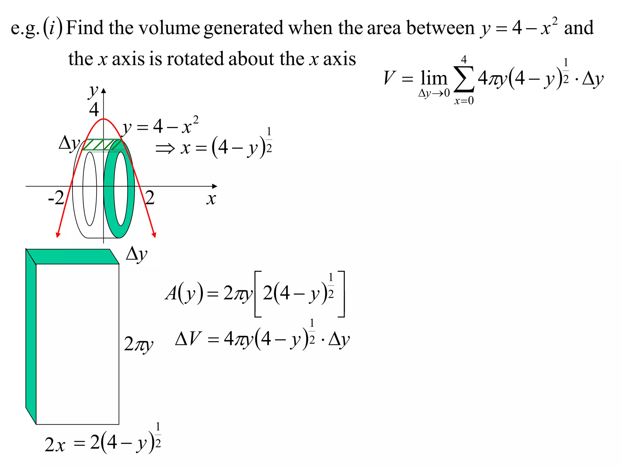e.g. i  Find the volume generated when the area between y  4  x 2 and
          the x axis is rotated about the x axis             4         1
                                                 V  lim  4y 4  y 2  y
             y                                       y 0
                                                           x 0
             4
                 y  4  x2         1
        y             x  4  y  2

    -2           2       x

               y
                  A y   2y 24  y 1 
                                          
                                         2
                                          
                                      1
              2y V  4y 4  y 2  y


                    1
    2 x  24  y  2
 