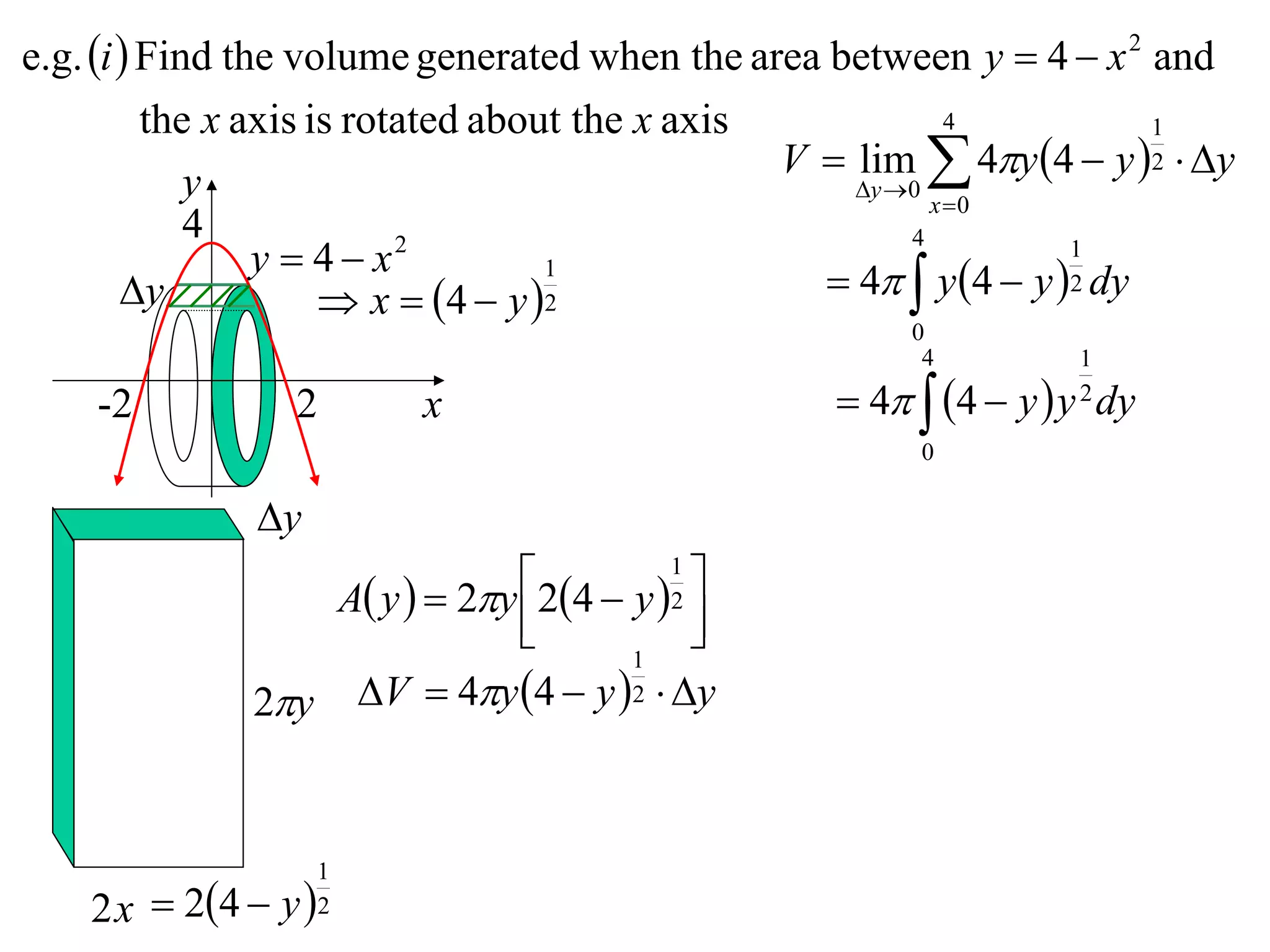 e.g. i  Find the volume generated when the area between y  4  x 2 and
          the x axis is rotated about the x axis             4           1
                                                 V  lim  4y 4  y 2  y
             y                                       y 0
                                                           x 0
             4
                 y  4 x  2                             4          1
        y
                                    1
                       x  4  y  2              4  y 4  y 2 dy
                                                        0
                                                         4         1

    -2           2       x                          4  4  y  y dy
                                                                   2

                                                         0

               y
                  A y   2y 24  y 1 
                                          
                                         2
                                          
                                      1
              2y V  4y 4  y 2  y


                    1
    2 x  24  y  2
 