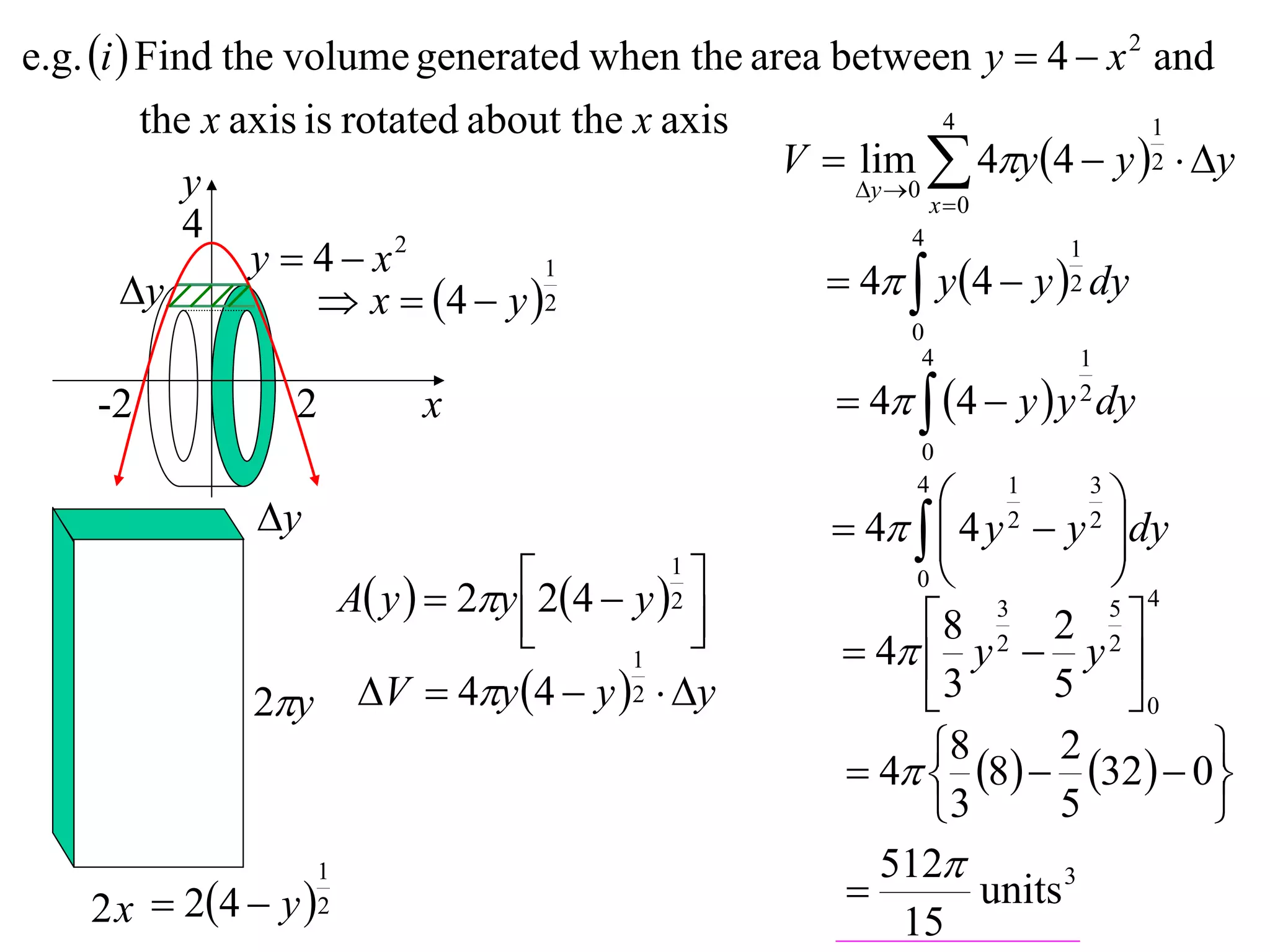 e.g. i  Find the volume generated when the area between y  4  x 2 and
          the x axis is rotated about the x axis             4           1
                                                 V  lim  4y 4  y 2  y
             y                                       y 0
                                                           x 0
             4
                 y  4 x  2                             4          1
        y
                                    1
                       x  4  y  2              4  y 4  y 2 dy
                                                        0
                                                         4         1

    -2           2       x                          4  4  y  y dy
                                                                   2

                                                        0

               y
                                                        4
                                                           1        3
                                                                       
                                                    4   4 y  y dy
                                                          
                                                                2    2

                               24  y 1             0             
                  A y   2y                                         5 4
                                          
                                         2
                                                       8 2 2 2 
                                                               3

                                      1             4  y  y 
              2y V  4y 4  y 2  y                3       5 0
                                                         8    2 32   0
                                                     4  8                 
                                                          3      5          
                                                      512
                                                    
                    1
    2 x  24  y  2
                                                       15
                                                             units 3
 