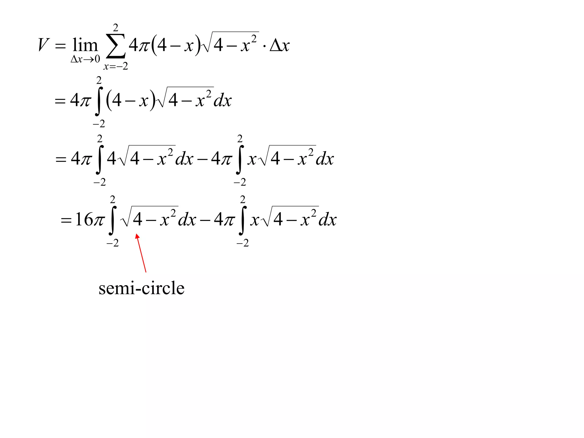 2
V  lim
    x  0
              4 4  x  4  x 2  x
             x  2
         2
   4  4  x  4  x 2 dx
        2
         2                     2
   4  4 4  x 2 dx  4  x 4  x 2 dx
        2                     2
              2                2
   16  4  x 2 dx  4  x 4  x 2 dx
             2                2



          semi-circle
 