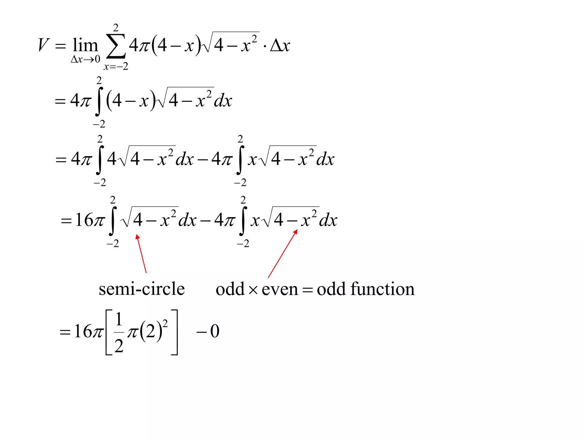 2
V  lim
    x  0
              4 4  x  4  x 2  x
             x  2
         2
   4  4  x  4  x 2 dx
        2
         2                     2
   4  4 4  x 2 dx  4  x 4  x 2 dx
        2                     2
              2                2
   16  4  x 2 dx  4  x 4  x 2 dx
             2                2



          semi-circle       odd  even  odd function
         1  2 2 
   16 
        2           0
                    
 